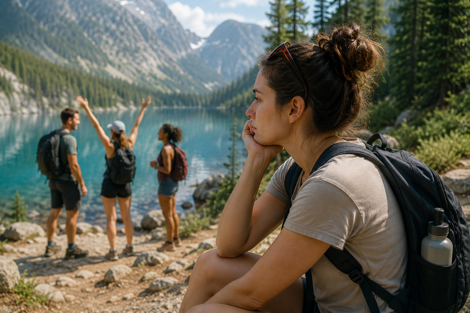 Woman watching friends enjoy a hike from the sidelines